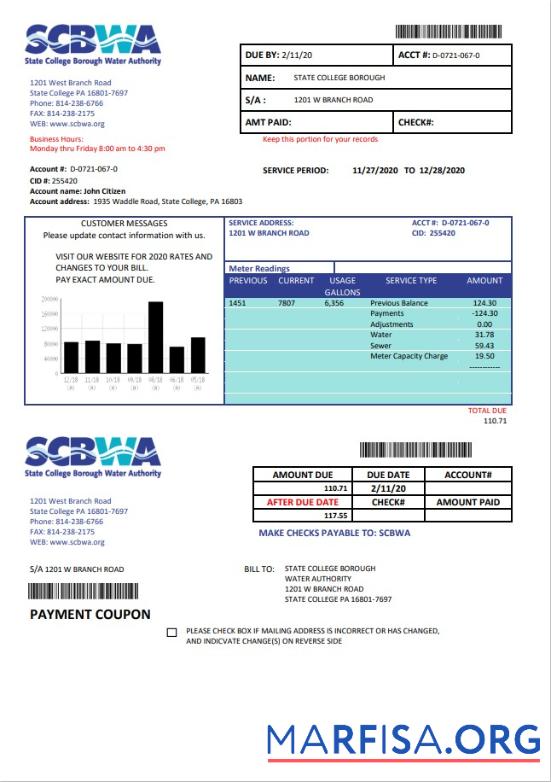 Realistic USA Pennsylvania SCBWA water utility bill template in Word and PDF format